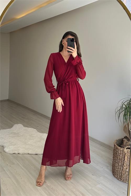 Dipmoda kadın uzun kollu kuşaklı maxi şifon elbise NM001