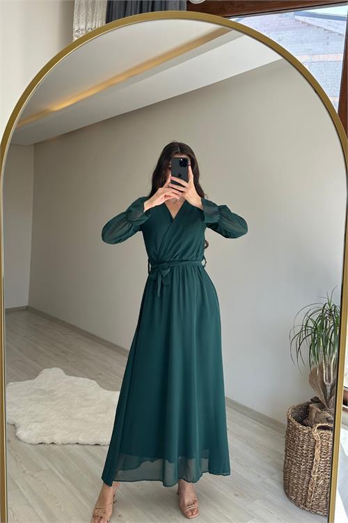 Dipmoda kadın uzun kollu kuşaklı maxi şifon elbise NM001
