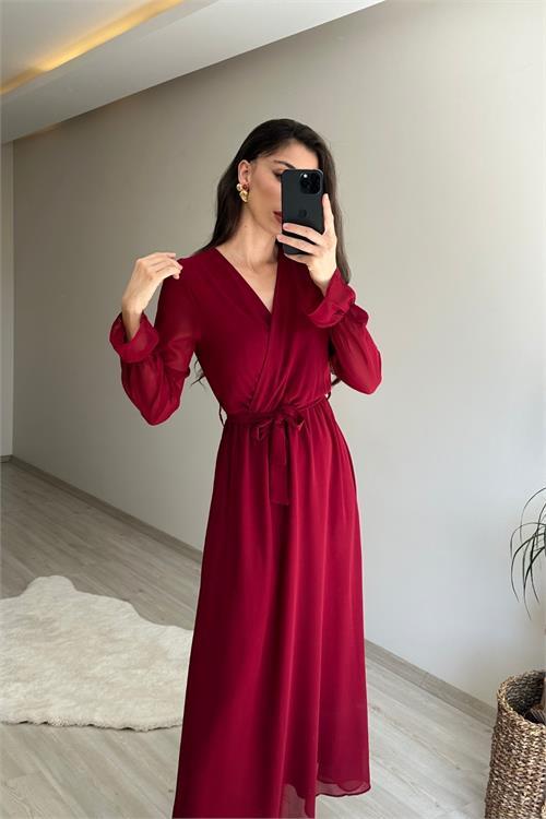 Dipmoda kadın uzun kollu kuşaklı maxi şifon elbise NM001