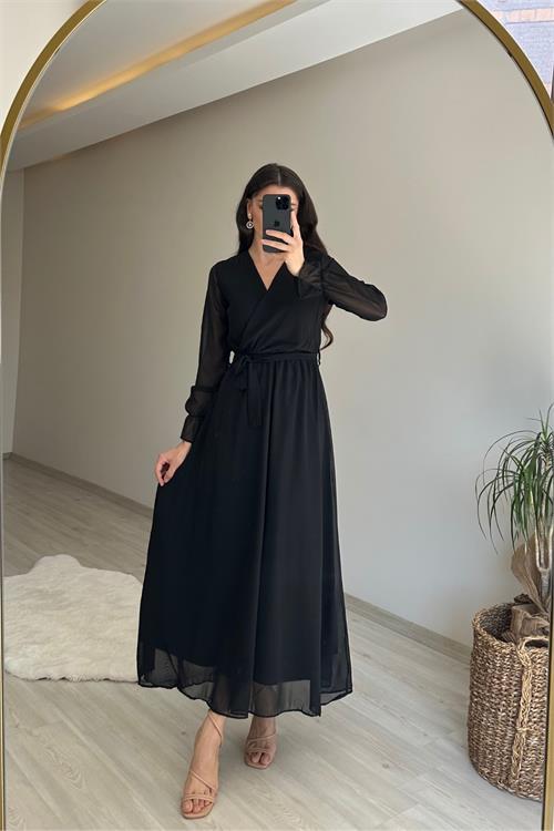 Dipmoda kadın uzun kollu kuşaklı maxi şifon elbise NM001