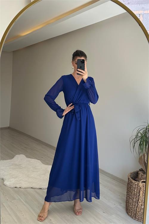 Dipmoda kadın uzun kollu kuşaklı maxi şifon elbise NM001