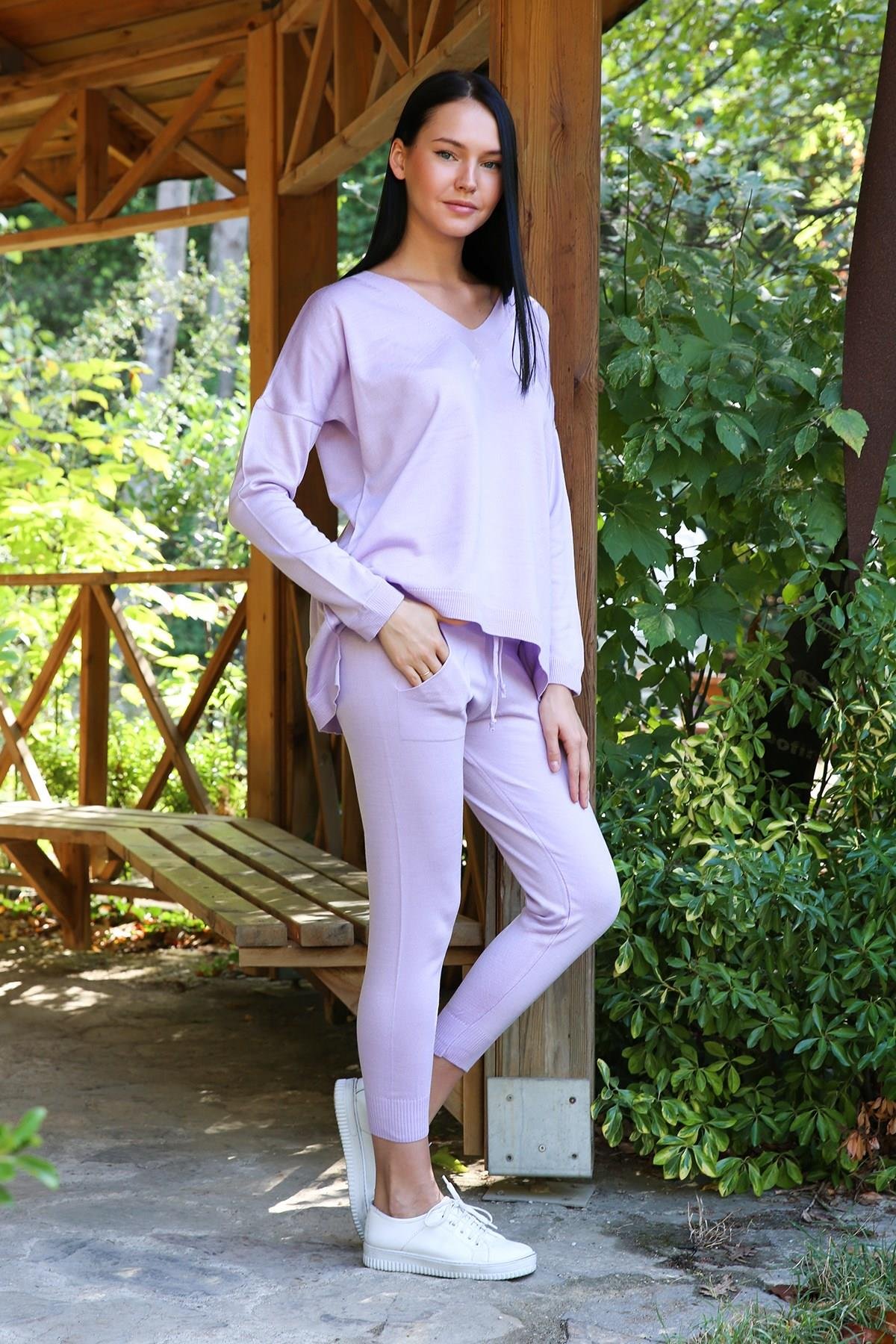 Dipmoda Kadın V Yaka Asimetrik Kesim İkili Triko Takım DPNB7057