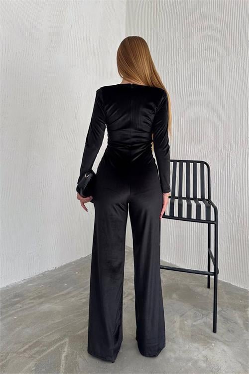 Dipmoda kadın V-yaka büzgü detaylı kadife tulum NBK2197