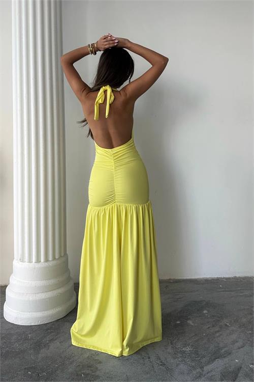 Dipmoda kadın v yaka dekolteli yırtmaç detaylı drapeli maxi elbise DPDF161