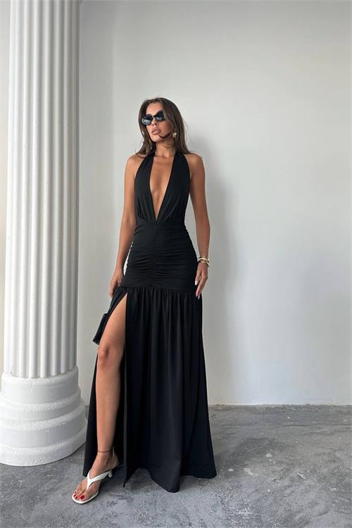 Dipmoda kadın v yaka dekolteli yırtmaç detaylı drapeli maxi elbise DPDF161
