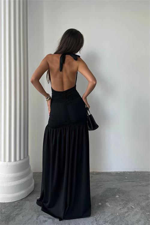 Dipmoda kadın v yaka dekolteli yırtmaç detaylı drapeli maxi elbise DPDF161