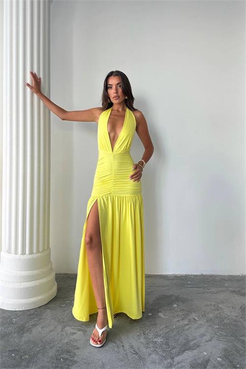 Dipmoda kadın v yaka dekolteli yırtmaç detaylı drapeli maxi elbise DPDF161