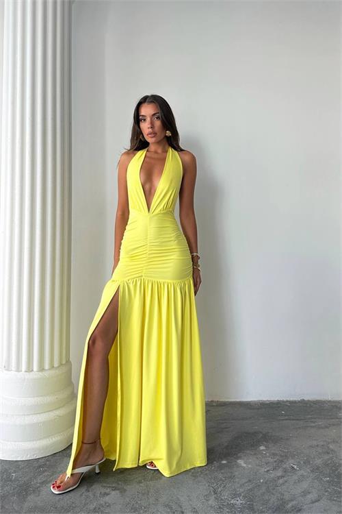 Dipmoda kadın v yaka dekolteli yırtmaç detaylı drapeli maxi elbise DPDF161