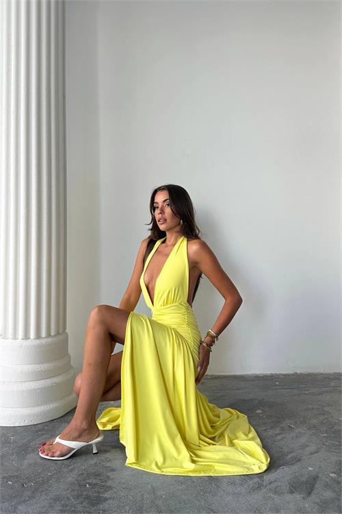 Dipmoda kadın v yaka dekolteli yırtmaç detaylı drapeli maxi elbise DPDF161