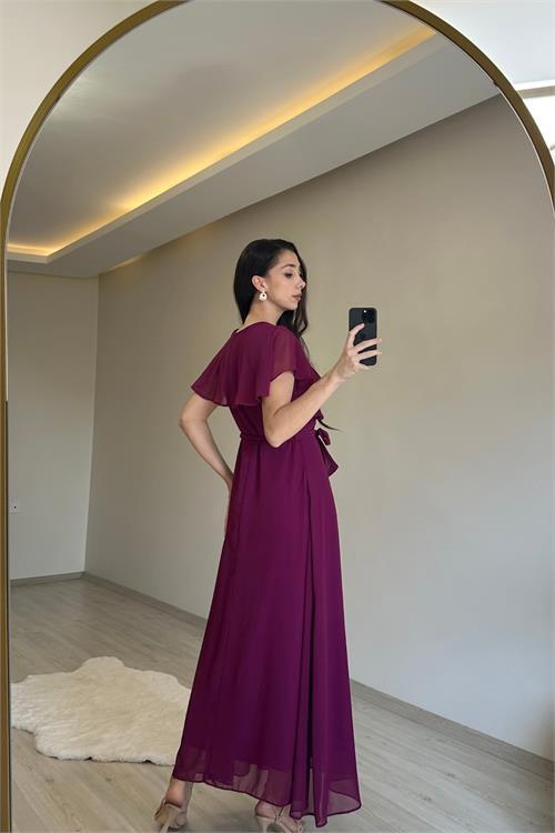 Dipmoda kadın v yaka kuşaklı maxi şifon elbise NM008