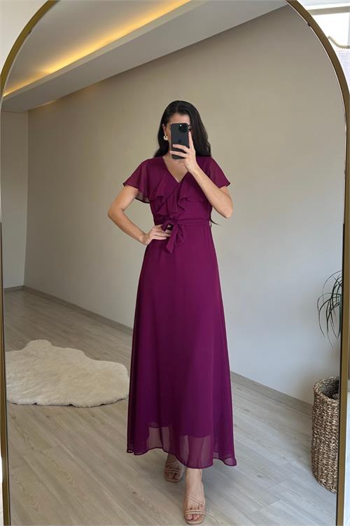 Dipmoda kadın v yaka kuşaklı maxi şifon elbise NM008