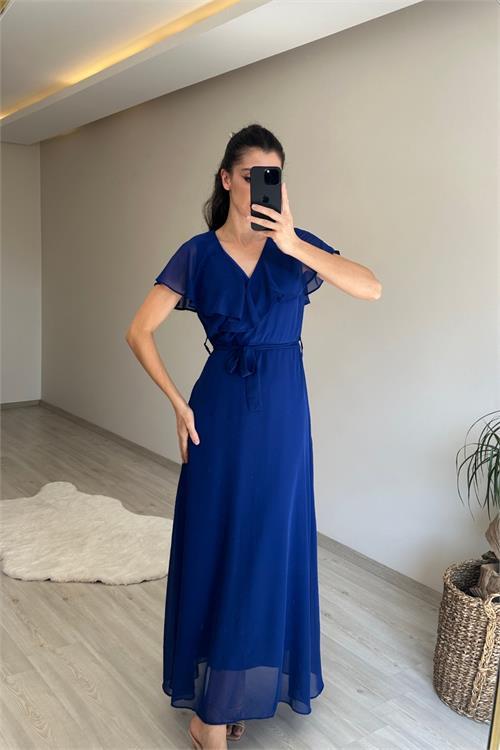 Dipmoda kadın v yaka kuşaklı maxi şifon elbise NM008