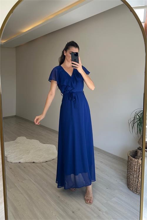 Dipmoda kadın v yaka kuşaklı maxi şifon elbise NM008