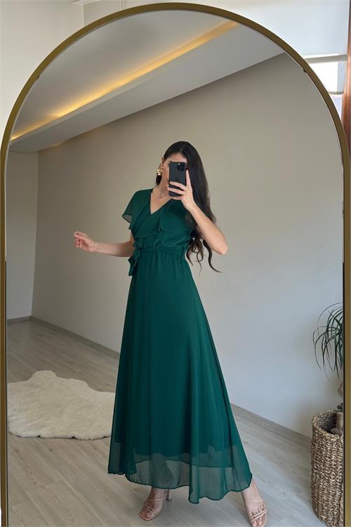 Dipmoda kadın v yaka kuşaklı maxi şifon elbise NM008