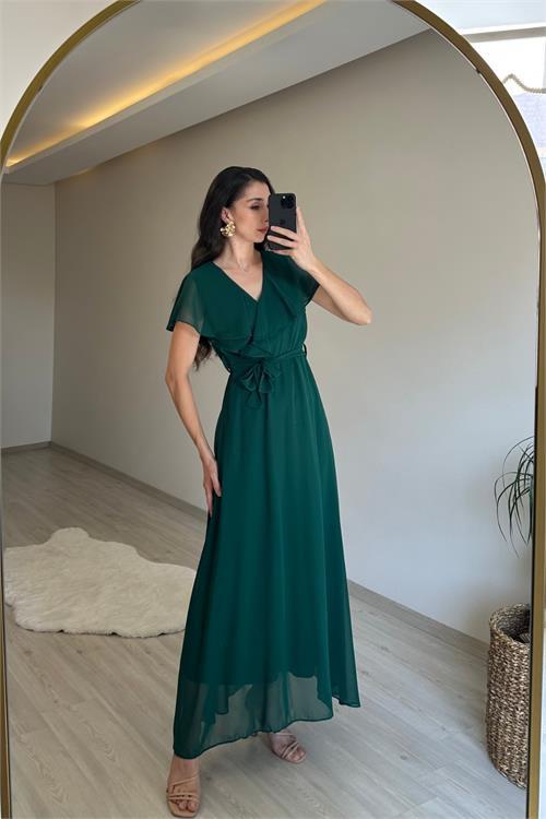 Dipmoda kadın v yaka kuşaklı maxi şifon elbise NM008