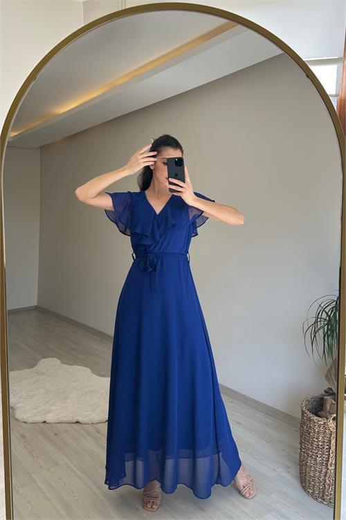 Dipmoda kadın v yaka kuşaklı maxi şifon elbise NM008