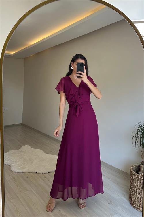 Dipmoda kadın v yaka kuşaklı maxi şifon elbise NM008