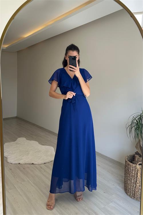 Dipmoda kadın v yaka kuşaklı maxi şifon elbise NM008