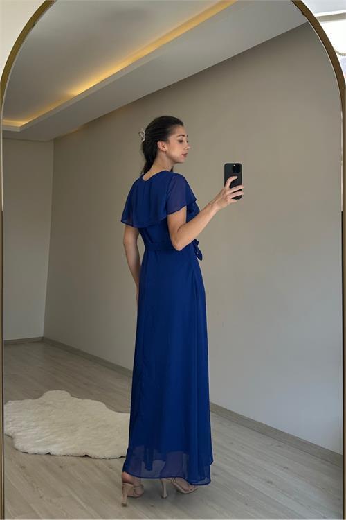 Dipmoda kadın v yaka kuşaklı maxi şifon elbise NM008