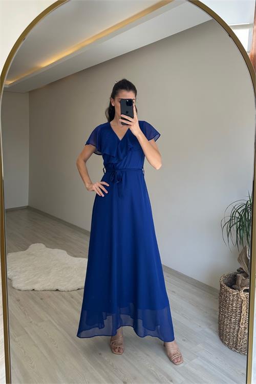 Dipmoda kadın v yaka kuşaklı maxi şifon elbise NM008