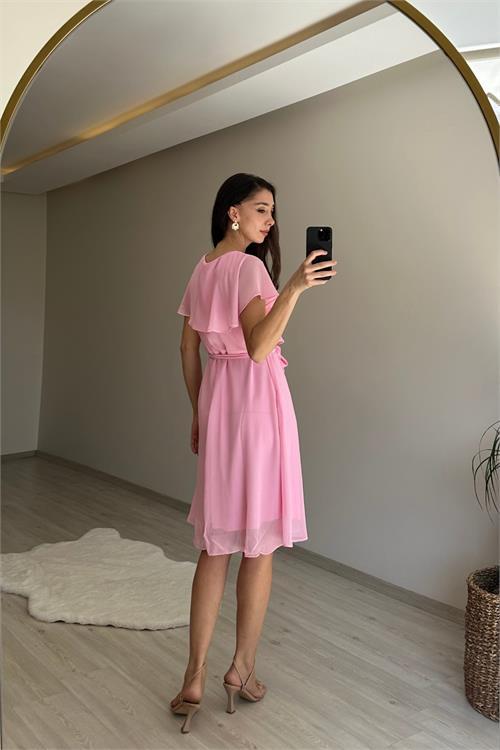 Dipmoda kadın v yaka kuşaklı mini şifon elbise NM007