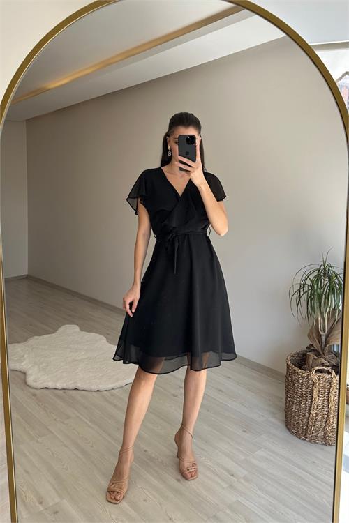 Dipmoda kadın v yaka kuşaklı mini şifon elbise NM007