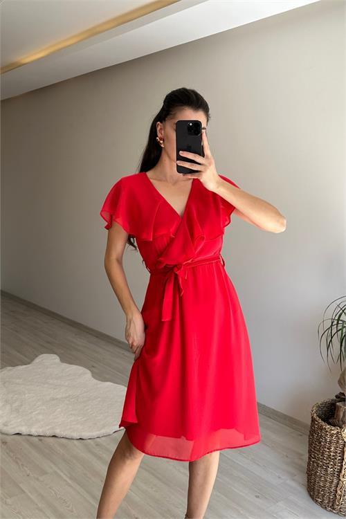 Dipmoda kadın v yaka kuşaklı mini şifon elbise NM007
