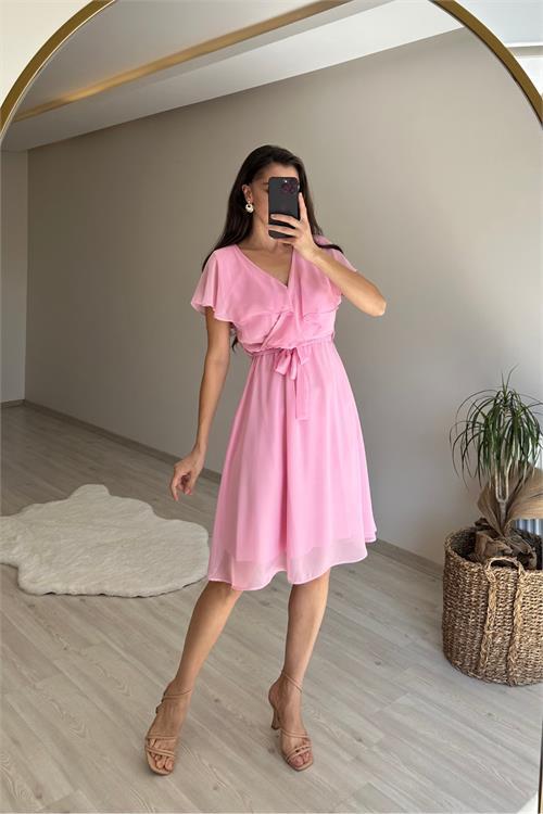 Dipmoda kadın v yaka kuşaklı mini şifon elbise NM007