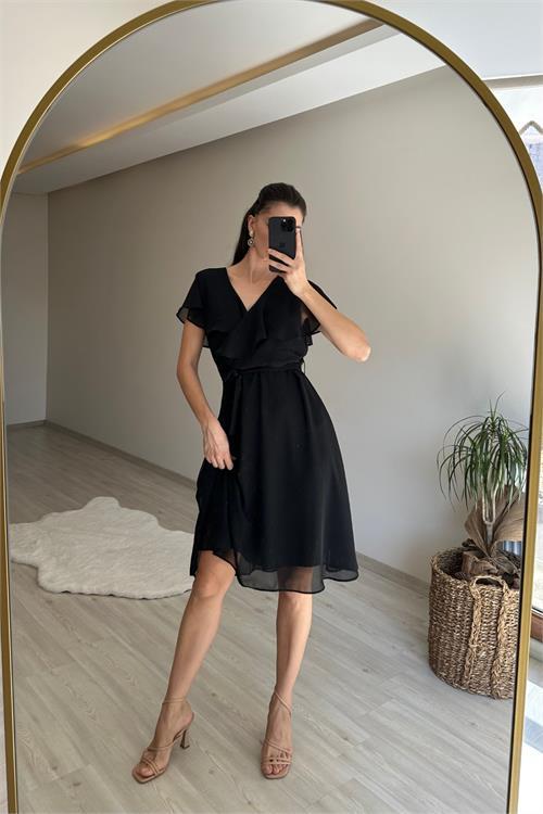 Dipmoda kadın v yaka kuşaklı mini şifon elbise NM007
