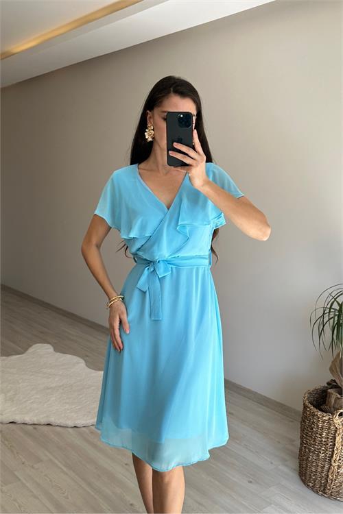 Dipmoda kadın v yaka kuşaklı mini şifon elbise NM007