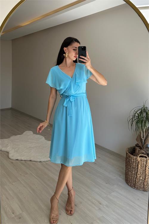 Dipmoda kadın v yaka kuşaklı mini şifon elbise NM007