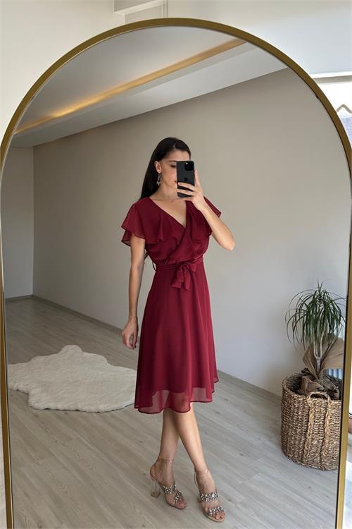 Dipmoda kadın v yaka kuşaklı mini şifon elbise NM007