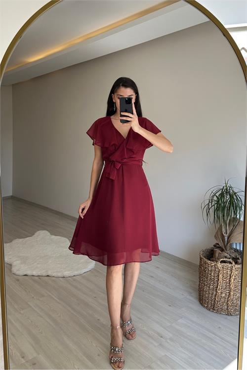 Dipmoda kadın v yaka kuşaklı mini şifon elbise NM007