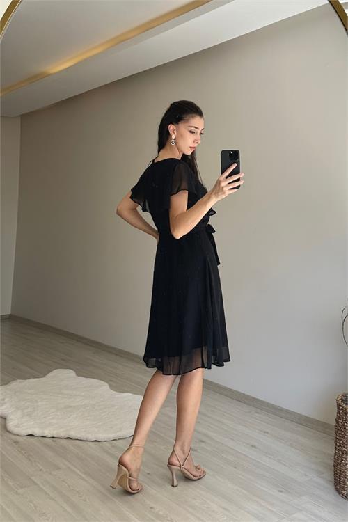 Dipmoda kadın v yaka kuşaklı mini şifon elbise NM007