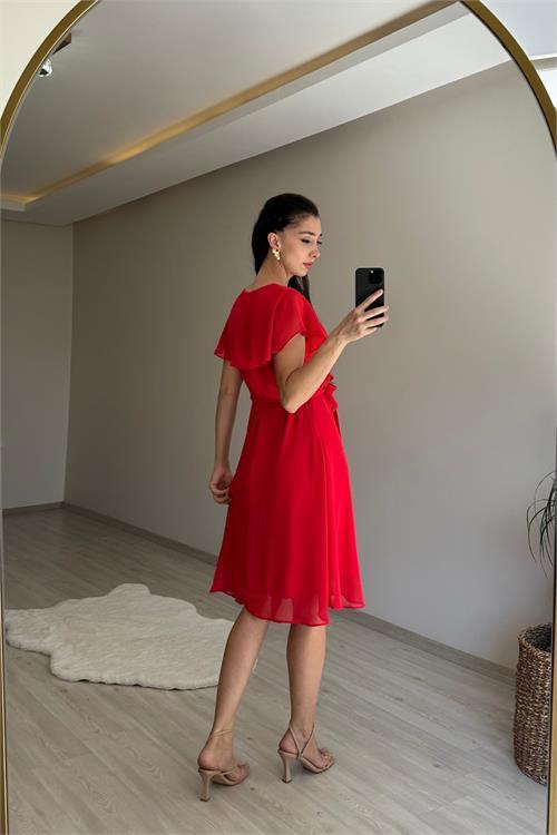 Dipmoda kadın v yaka kuşaklı mini şifon elbise NM007