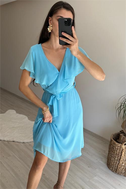 Dipmoda kadın v yaka kuşaklı mini şifon elbise NM007