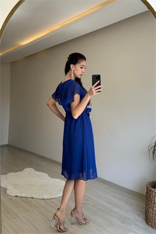 Dipmoda kadın v yaka kuşaklı mini şifon elbise NM007