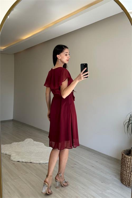 Dipmoda kadın v yaka kuşaklı mini şifon elbise NM007