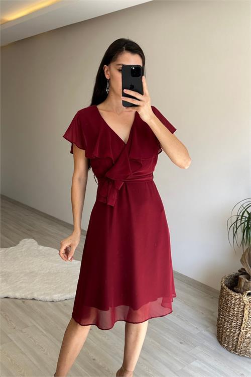 Dipmoda kadın v yaka kuşaklı mini şifon elbise NM007