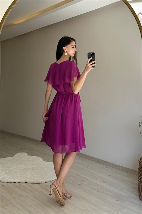 Dipmoda kadın v yaka kuşaklı mini şifon elbise NM007