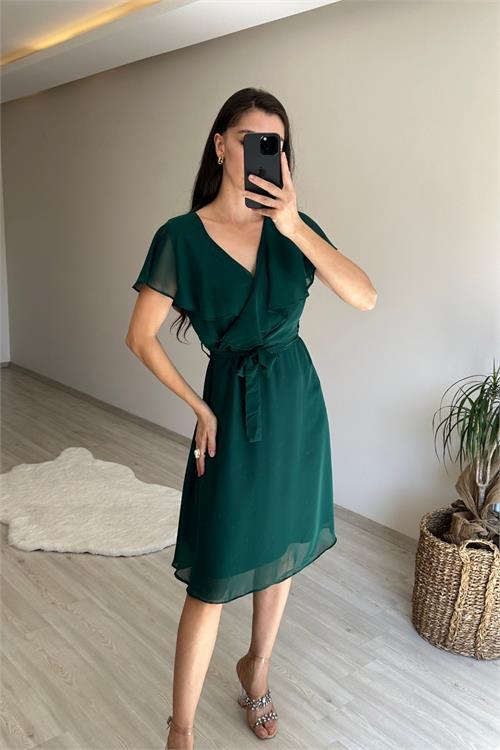 Dipmoda kadın v yaka kuşaklı mini şifon elbise NM007