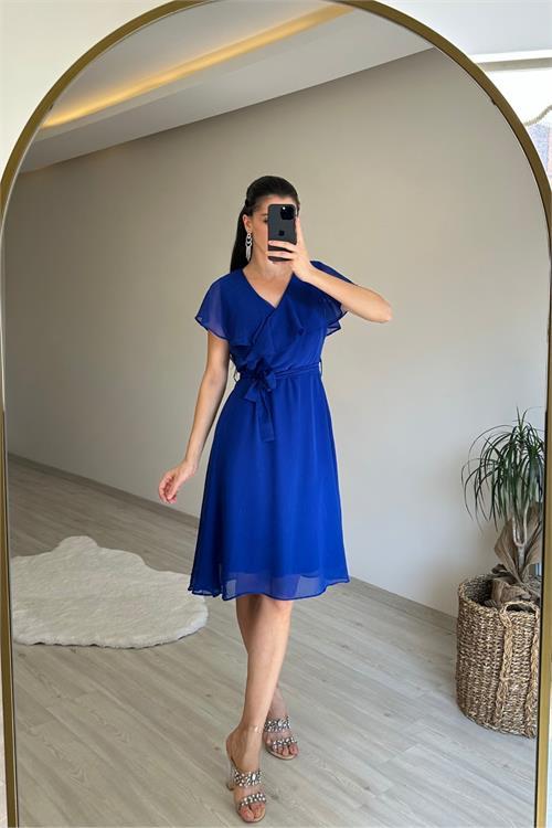 Dipmoda kadın v yaka kuşaklı mini şifon elbise NM007