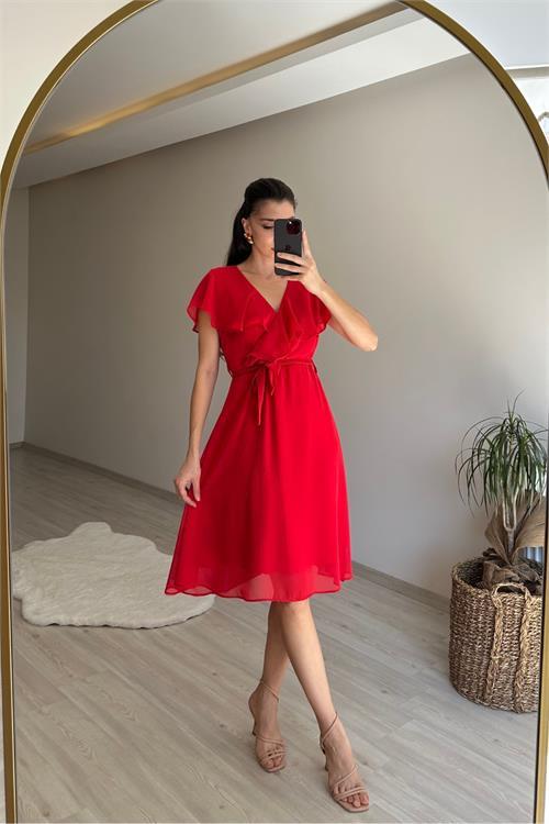 Dipmoda kadın v yaka kuşaklı mini şifon elbise NM007