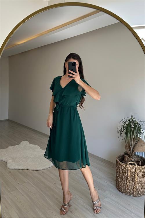 Dipmoda kadın v yaka kuşaklı mini şifon elbise NM007