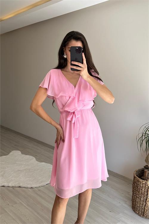 Dipmoda kadın v yaka kuşaklı mini şifon elbise NM007