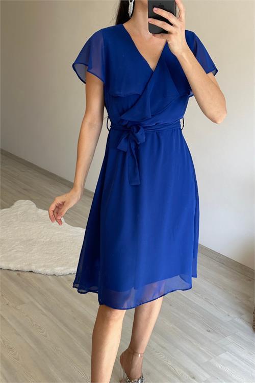 Dipmoda kadın v yaka kuşaklı mini şifon elbise NM007