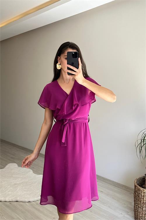 Dipmoda kadın v yaka kuşaklı mini şifon elbise NM007