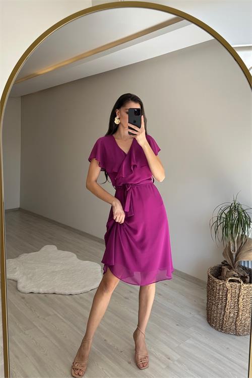 Dipmoda kadın v yaka kuşaklı mini şifon elbise NM007