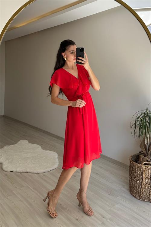 Dipmoda kadın v yaka kuşaklı mini şifon elbise NM007