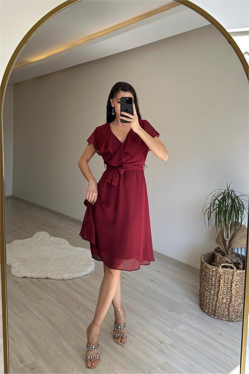 Dipmoda kadın v yaka kuşaklı mini şifon elbise NM007